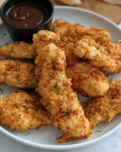 Crispy Keto Air Fryer Chicken Tenders plated with dipping sauce