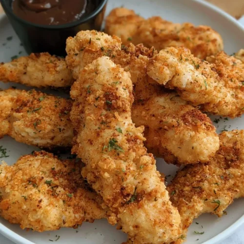 Parmesan Crusted Air Fryer Chicken Tenders (Keto) 3 Golden Parmesan crusted air fryer chicken tenders on a plate