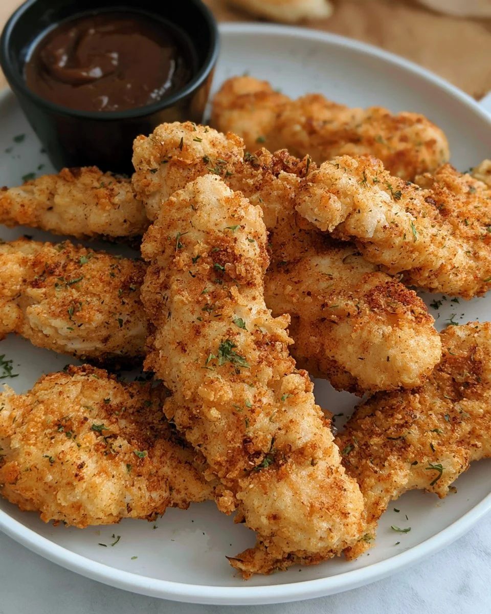 Parmesan Crusted Air Fryer Chicken Tenders (Keto) 5 Crispy Keto Air Fryer Chicken Tenders plated with dipping sauce