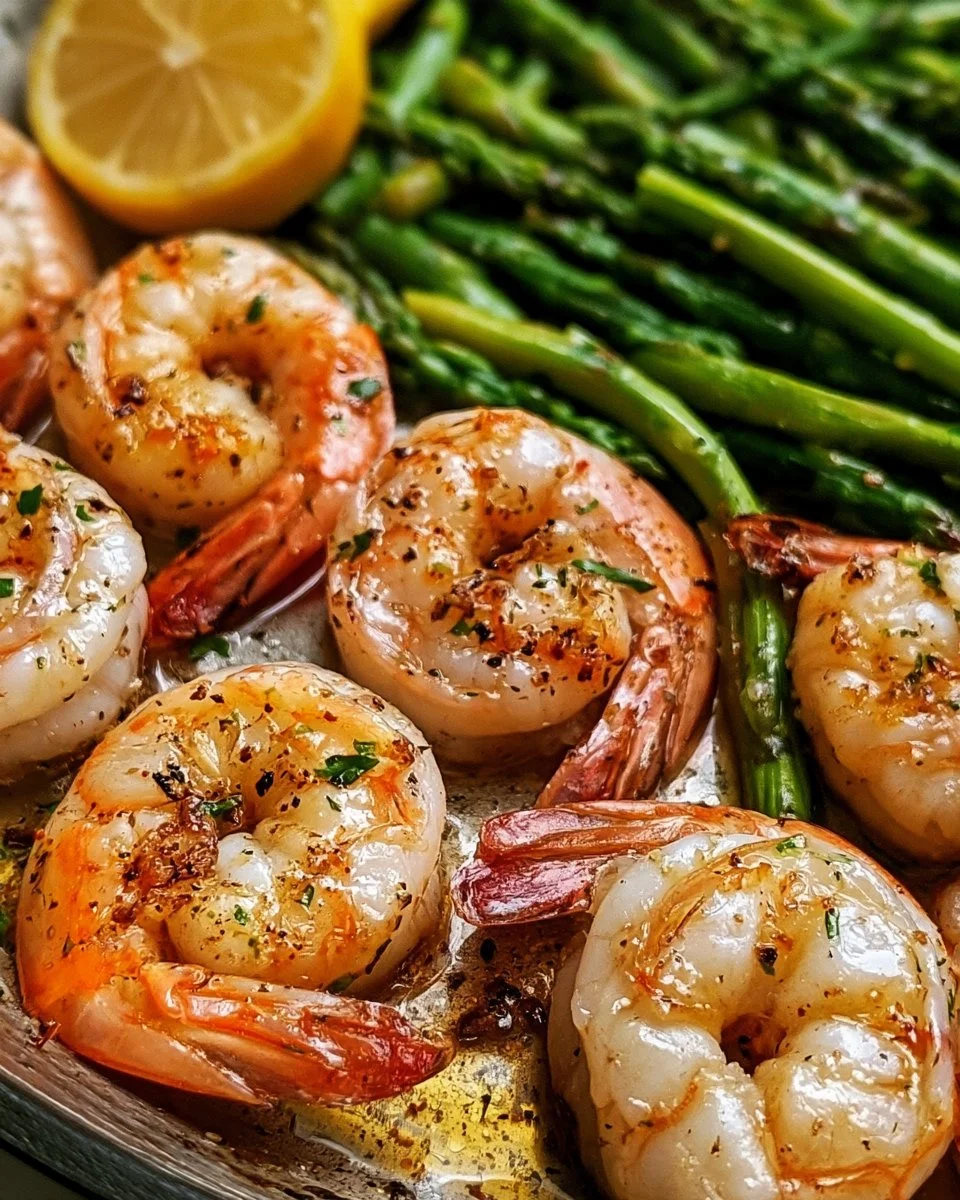 Lemon Garlic Shrimp and Asparagus Skillet 4 Lemon garlic shrimp and asparagus cooked in a skillet