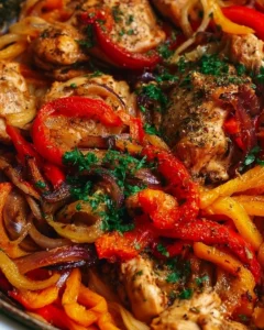 Delicious one pan chicken and peppers meal ready to serve.