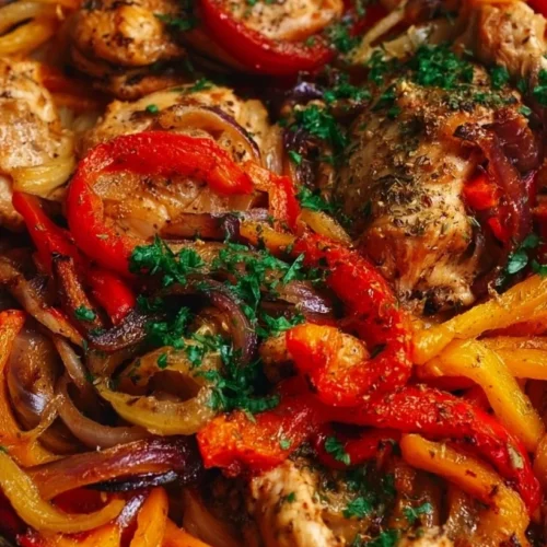 Skillet Balsamic Chicken and Peppers 3 Skillet with balsamic chicken cutlets, bell peppers, and onions