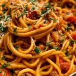 Delicious one pot taco spaghetti served in a bowl with fresh toppings.