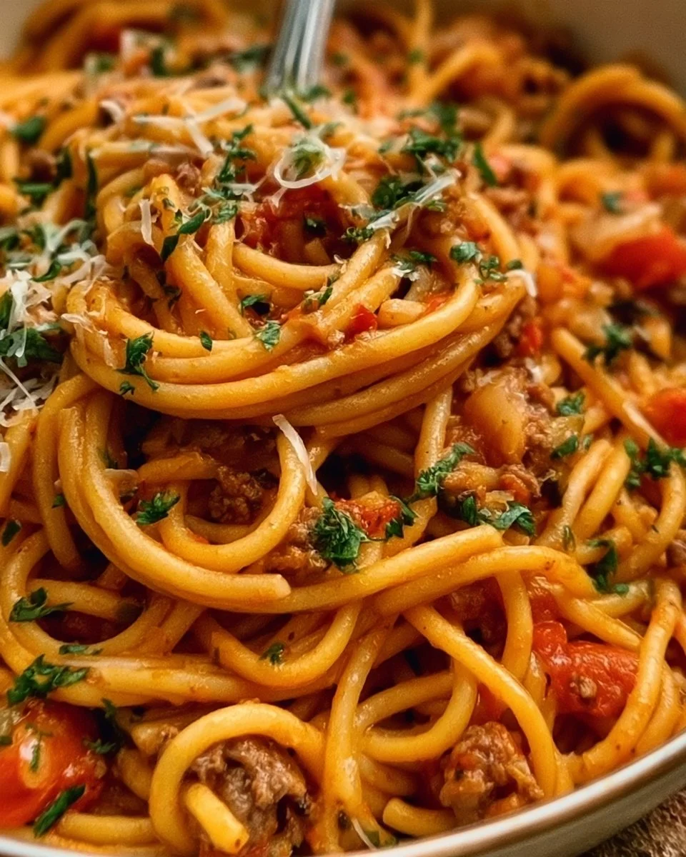 One Pot Taco Spaghetti 1 Delicious one pot taco spaghetti served in a bowl with fresh toppings.