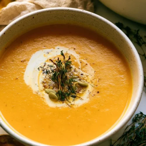 Panera Bread Autumn Squash Soup Copycat Recipe 3 Bowl of creamy autumn squash soup garnished with thyme and pumpkin seeds