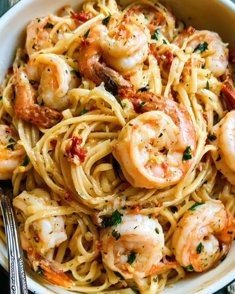 Quick Shrimp Linguine 2 Quick shrimp linguine with garlic lemon sauce, Parmesan, and fresh parsley