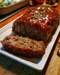 Delicious Ranch Style Meatloaf served on a plate with vegetables.