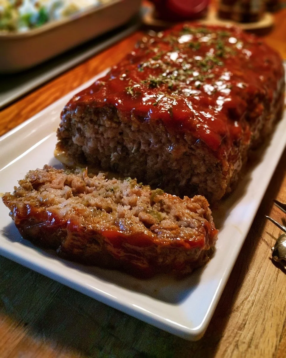 Ranch Meatloaf with Tangy Ketchup Glaze 1 Delicious Ranch Style Meatloaf served on a plate with vegetables.