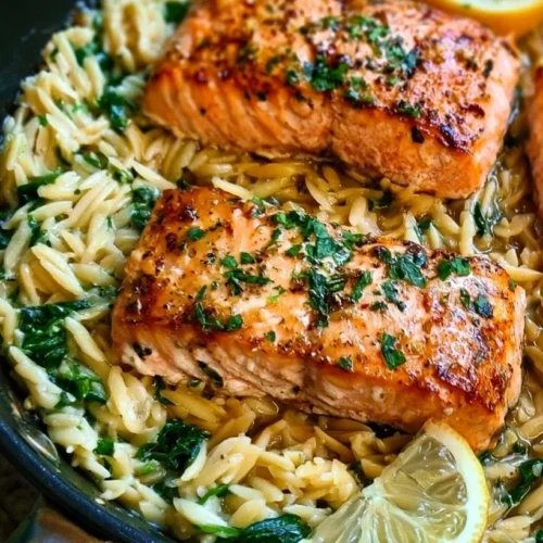 One Skillet Salmon with Lemon Orzo