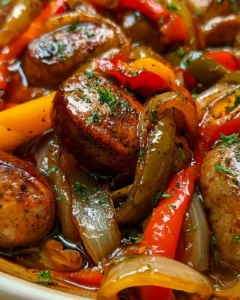 Delicious plate of sausage, peppers, and onions stir-fry served with crusty bread.