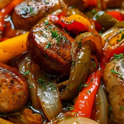 Sausage, Peppers, and Onions 3 Skillet of Italian sausage with sliced bell peppers and onions
