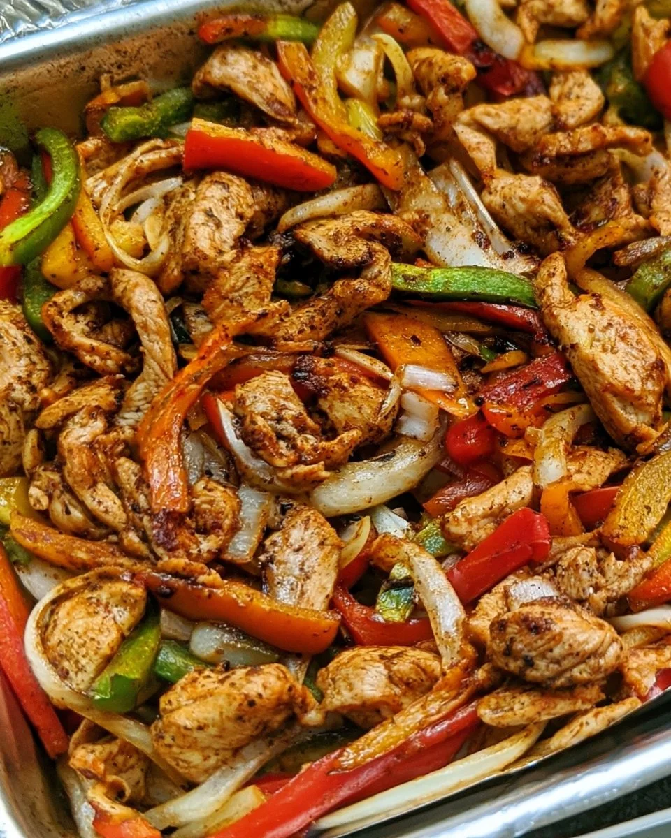 Oven-Baked Chicken Fajitas with Lime and Cilantro 1 Delicious Sheet Pan Chicken Fajitas with colorful peppers and spices.