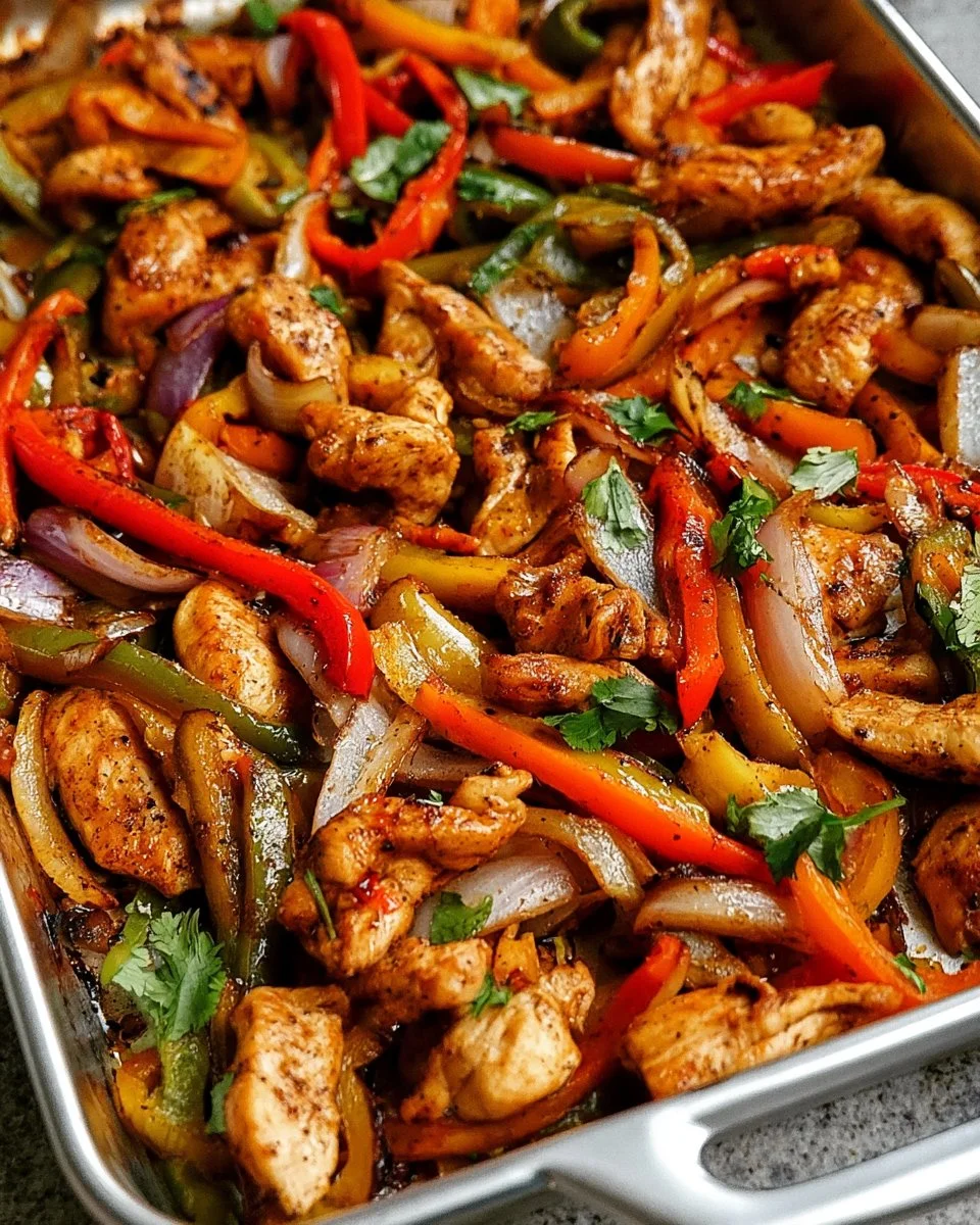 Sheet-Pan Chicken Fajitas 6 Sheet-Pan Chicken Fajitas with colorful vegetables on a baking sheet.