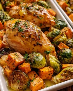 Sheet Pan Honey Dijon Chicken with Sweet Potatoes and Brussels Sprouts