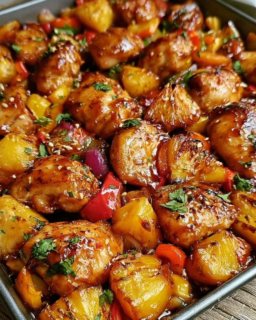 Sheet Pan Teriyaki Chicken and Pineapple 2 Sheet pan teriyaki chicken with roasted pineapple, bell peppers, and red onion