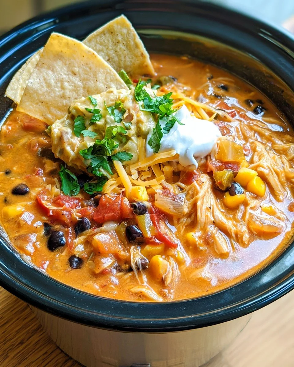Slow Cooker Shredded Chicken Tortilla Soup