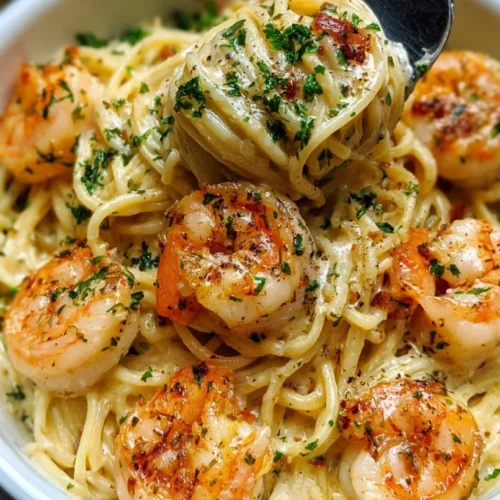 Creamy Garlic Shrimp Scampi Pasta 2 Creamy shrimp scampi garlic pasta garnished with fresh herbs.