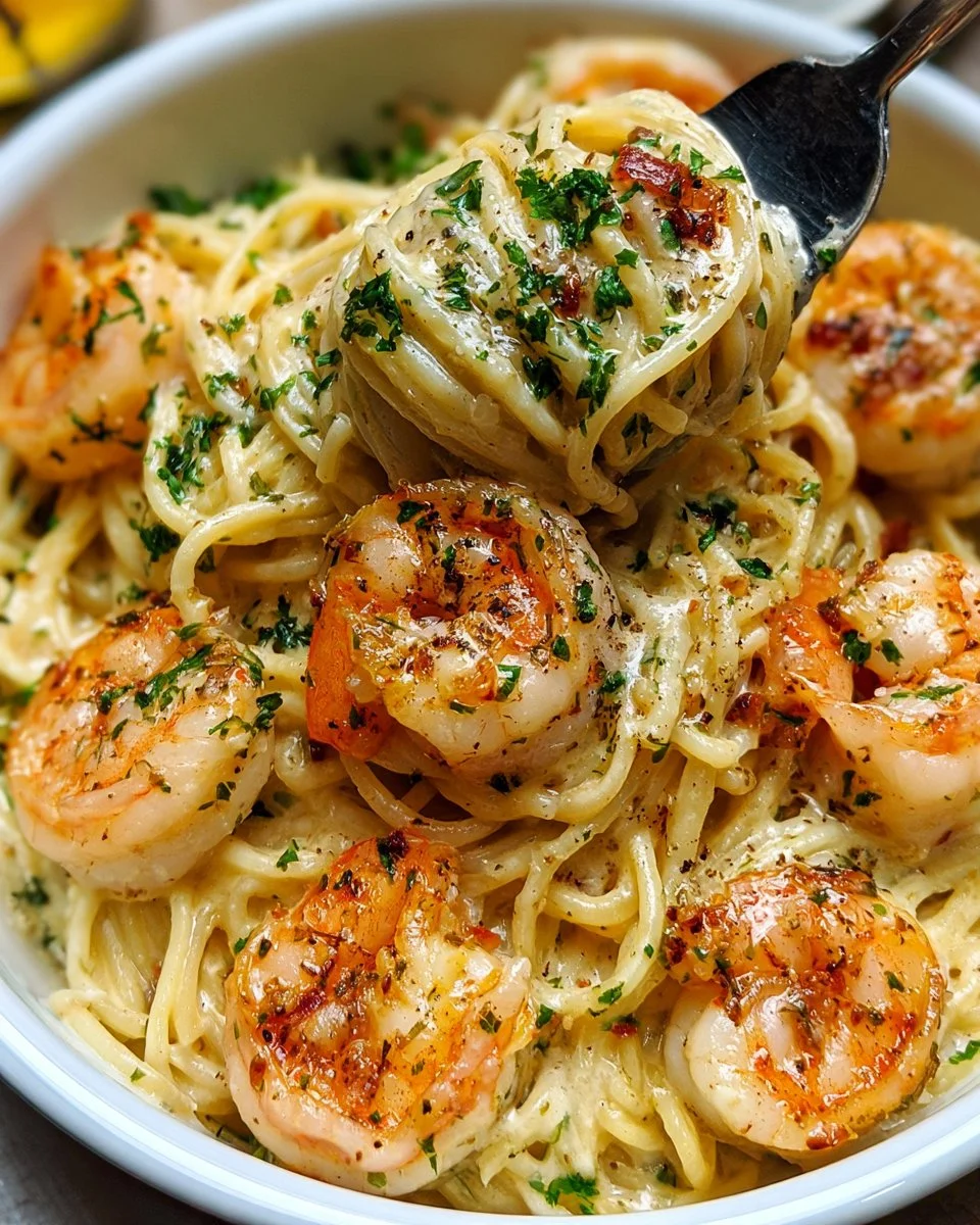 Creamy Garlic Shrimp Scampi Pasta 1 Creamy shrimp scampi garlic pasta garnished with fresh herbs.