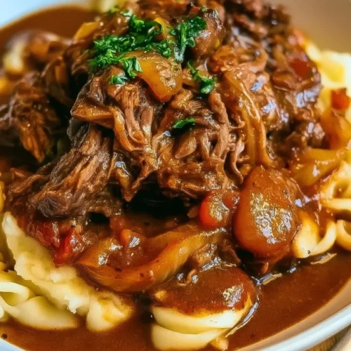Slow Cooker Beef Manhattan 3 Beef manhattan with shredded roast beef, mashed potatoes, and gravy over toast