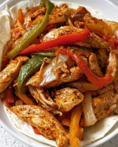 Slow cooker chicken fajitas with peppers and onions on a plate