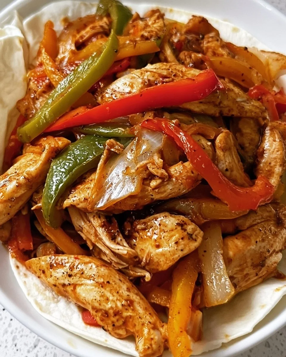 Slow Cooker Shredded Chicken Fajitas 1 Slow cooker chicken fajitas with peppers and onions on a plate