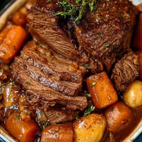 Slow cooker shredded roast beef piled on a roll with au jus