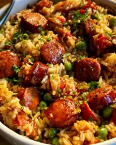 One pot smoked sausage and rice dinner with colorful vegetables