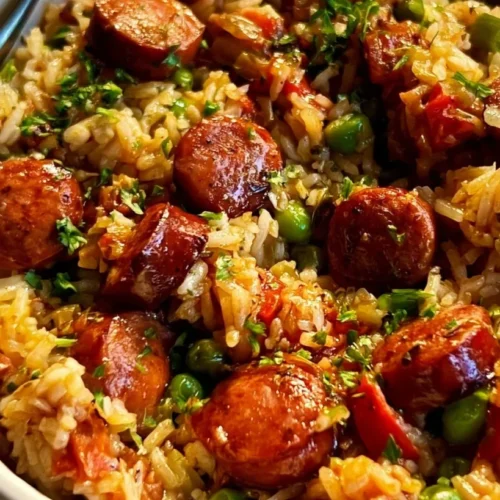 One Pot Smoked Sausage and Rice 3 One pot smoked sausage and rice with bell peppers and peas in a pot