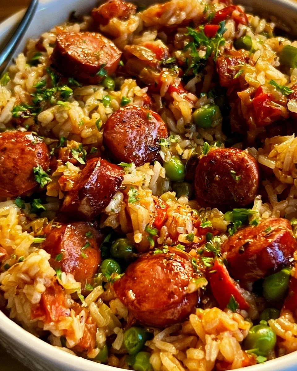 One Pot Smoked Sausage and Rice 1 One pot smoked sausage and rice dinner with colorful vegetables