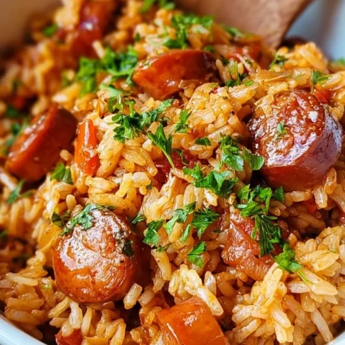 Smoked sausage and vegetable rice in a bowl