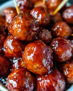 Spicy BBQ grape jelly meatballs served in a bowl