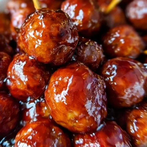 Spicy BBQ Grape Jelly Meatballs 3 Spicy BBQ grape jelly meatballs in a glossy sauce with toothpicks