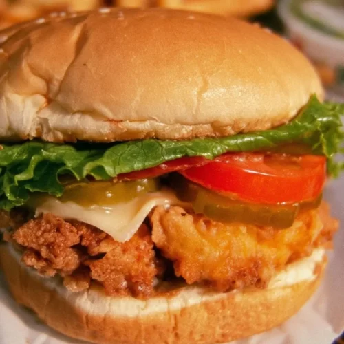 Spicy Chicken Sandwich with Pickles and Tomato 2 Spicy Chicken Sandwich with Pickles and Tomato