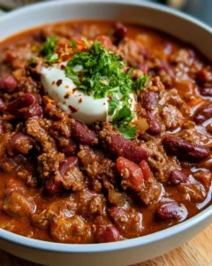 Bowl of homemade stovetop chili with ground beef and beans