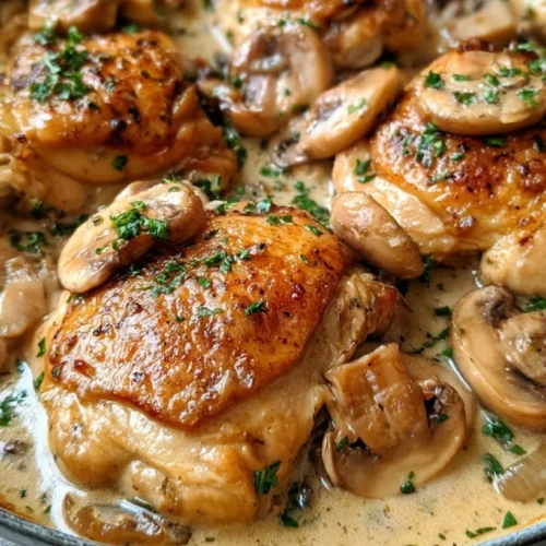 Tender chicken thighs served with rich mushroom garlic sauce