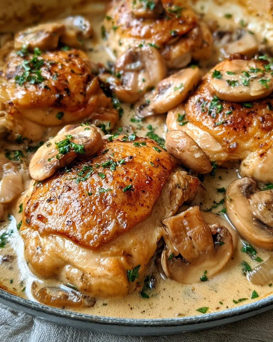Tender chicken thighs served with rich mushroom garlic sauce