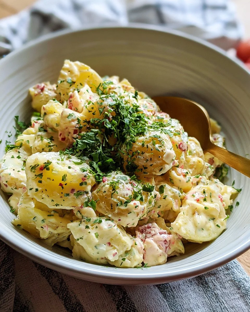 Creamy Potato Salad with Sour Cream and Dill 4 Bowl of creamy potato salad with herbs and spices, perfect for summer picnics.