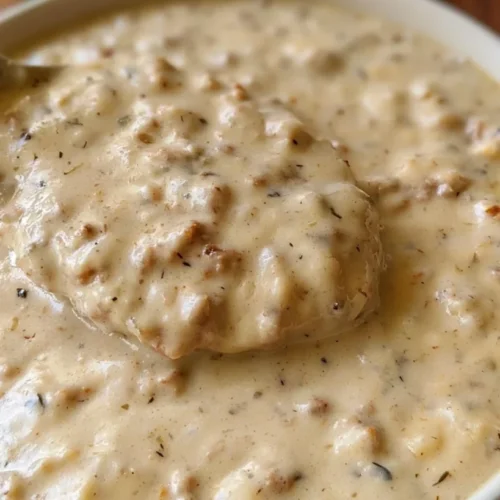 White Country Sausage Gravy 3 White country sausage gravy spooned over split buttermilk biscuits